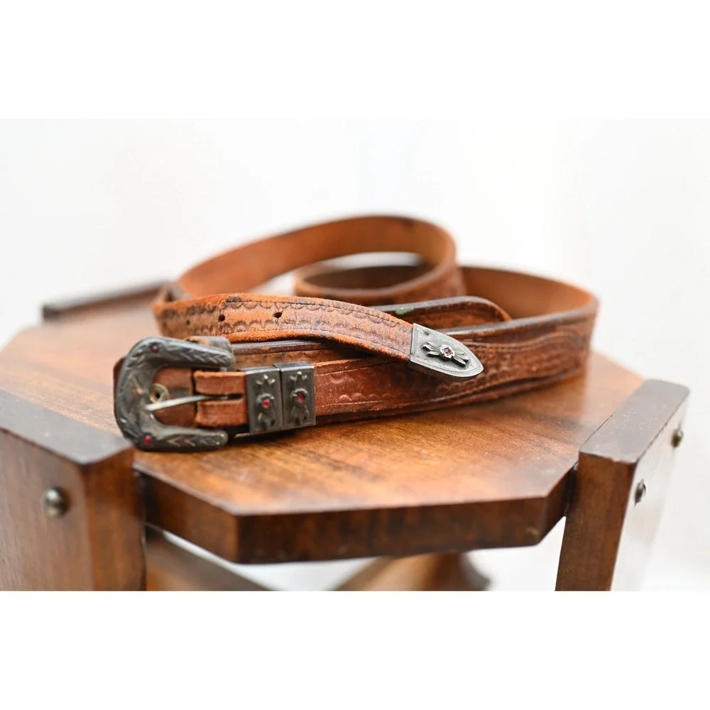 Vintage Western Sterling Silver Leather Belt Brown Floral Embossed Boho USA